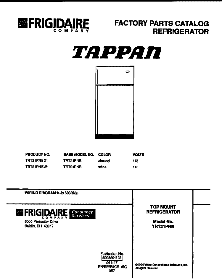 TOP MOUNT REFRIGERATOR Diagram and Parts List for TRT21PNBD1  Tappan Refrigerator