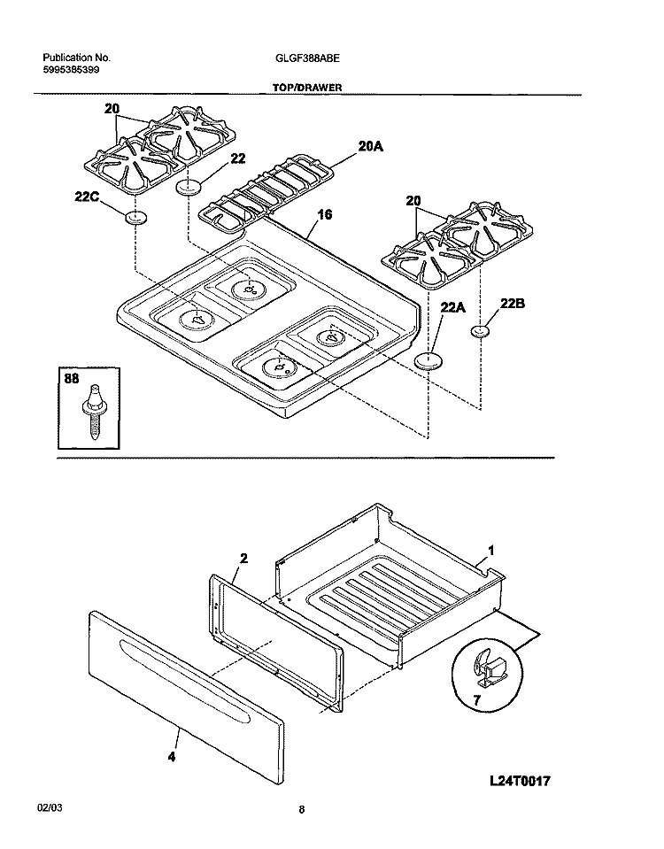 TOP / DRAWER Diagram and Parts List for GLGF388ABE  Frigidaire Range
