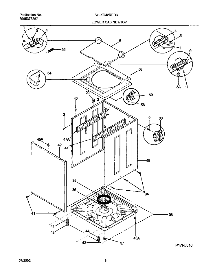 LOWER CAB / TOP Diagram and Parts List for WLXG42RED3  Frigidaire Washer Dryer Combo
