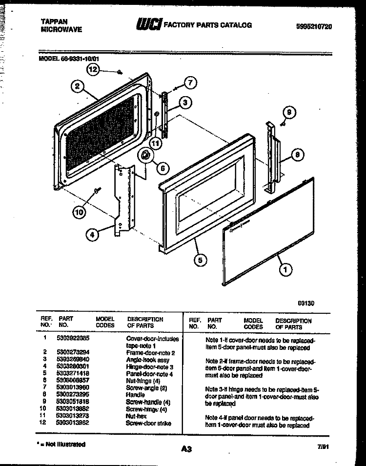DOOR PARTS Diagram and Parts List for 56-9331-10-01  Tappan Microwave
