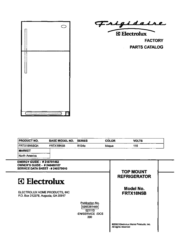 COVER Diagram and Parts List for FRTX18N5BQ4  Frigidaire Refrigerator