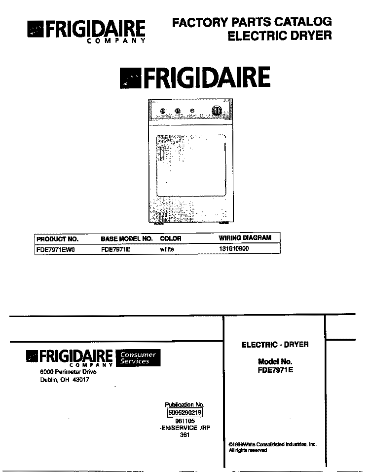 COVER Diagram and Parts List for FDE7971EW0  Frigidaire Dryer
