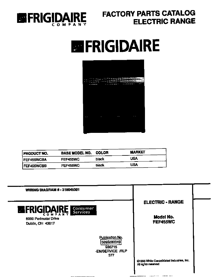 COVER Diagram and Parts List for FEF455WCBA  Frigidaire Range