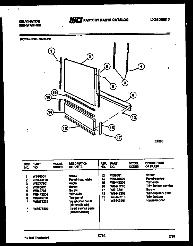 OUTER DOOR PARTS Diagram and Parts List for DWU6075GR1  Kelvinator Dishwasher