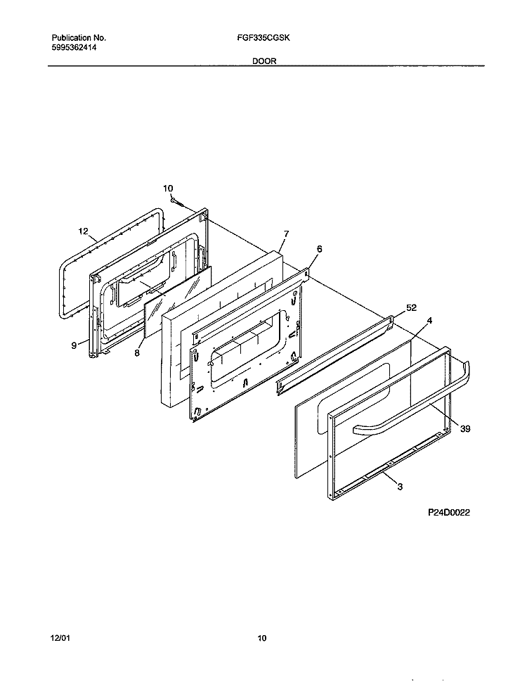 DOOR Diagram and Parts List for FGF335CGSK  Frigidaire Range