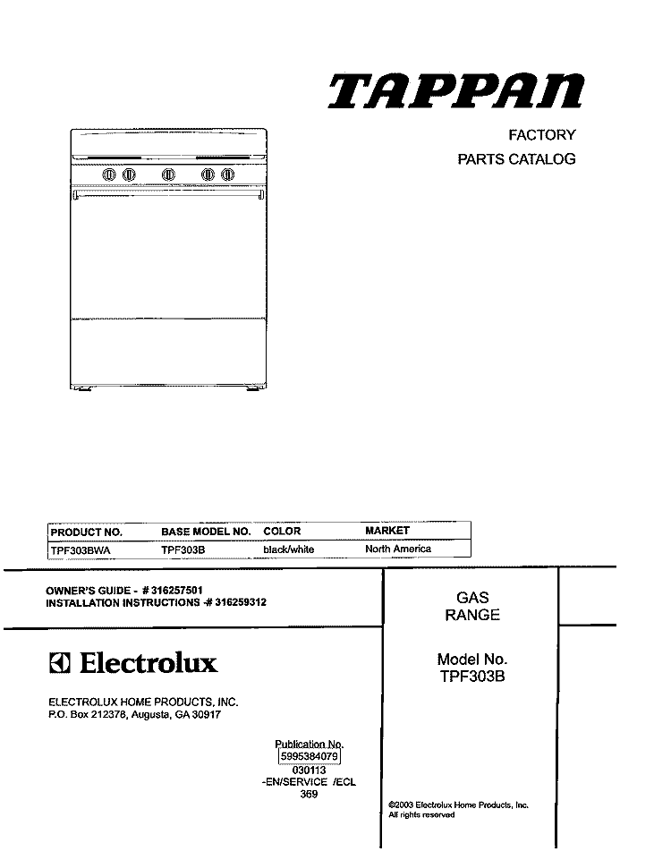 COVER Diagram and Parts List for TPF303BWA  Tappan Range