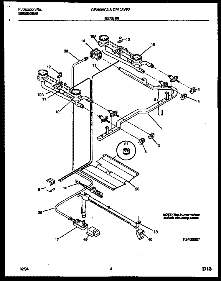 BURNER, MANIFOLD AND GAS CONTROL Diagram and Parts List for CP303VC3D2  Frigidaire Range