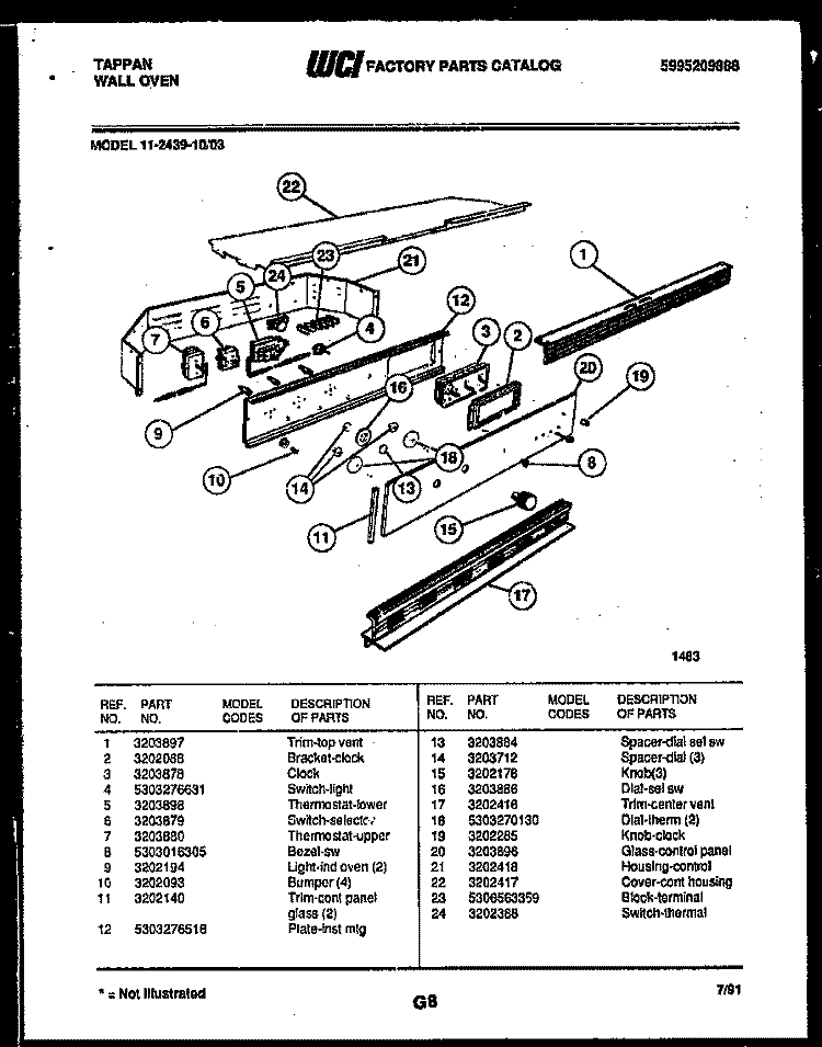 CONTROL PANEL Diagram and Parts List for 11-2439-00-03  Tappan Wall Oven
