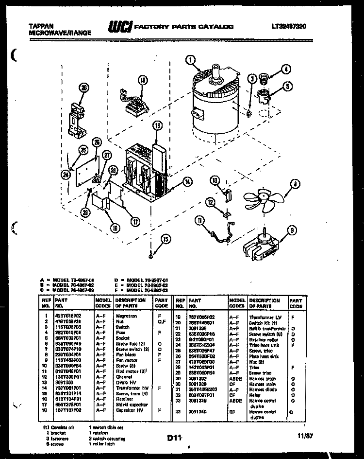 POWER CONTROL Diagram and Parts List for 76-4967-00-03  Tappan Microwave Oven Combo