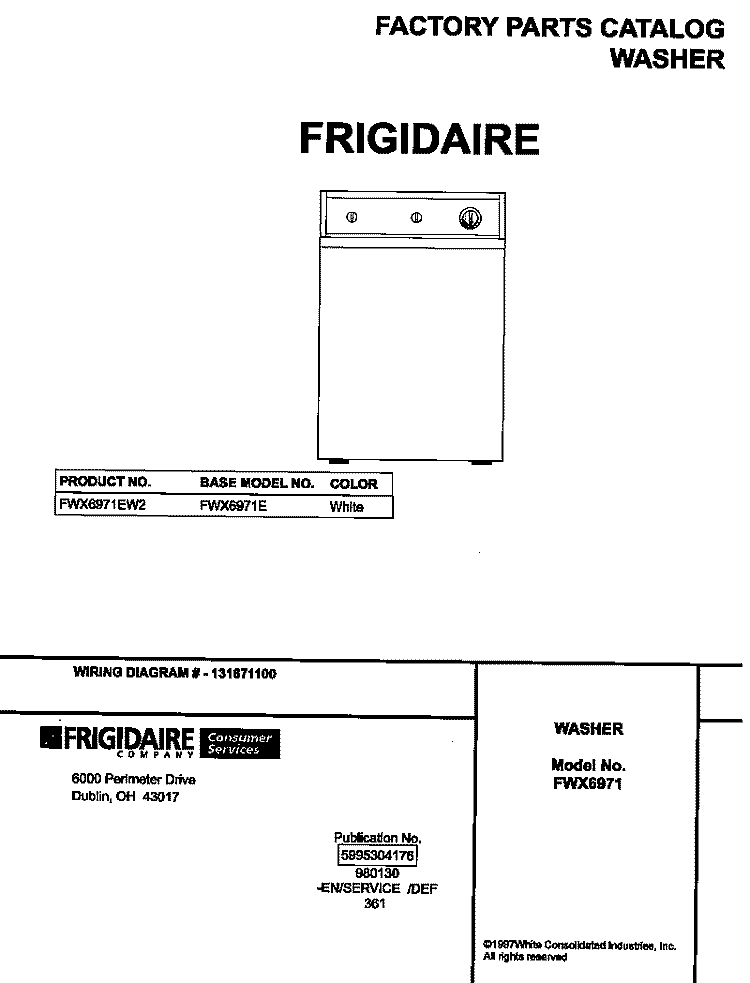 COVER Diagram and Parts List for FWX6971EW2  Frigidaire Washer