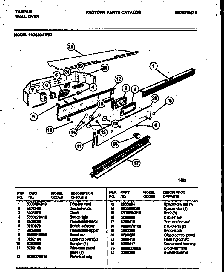 CONTROL PANEL Diagram and Parts List for 11-2439-00-04  Tappan Wall Oven