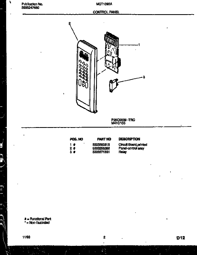 CONTROL PANEL Diagram and Parts List for MCT1395A2  Frigidaire Microwave