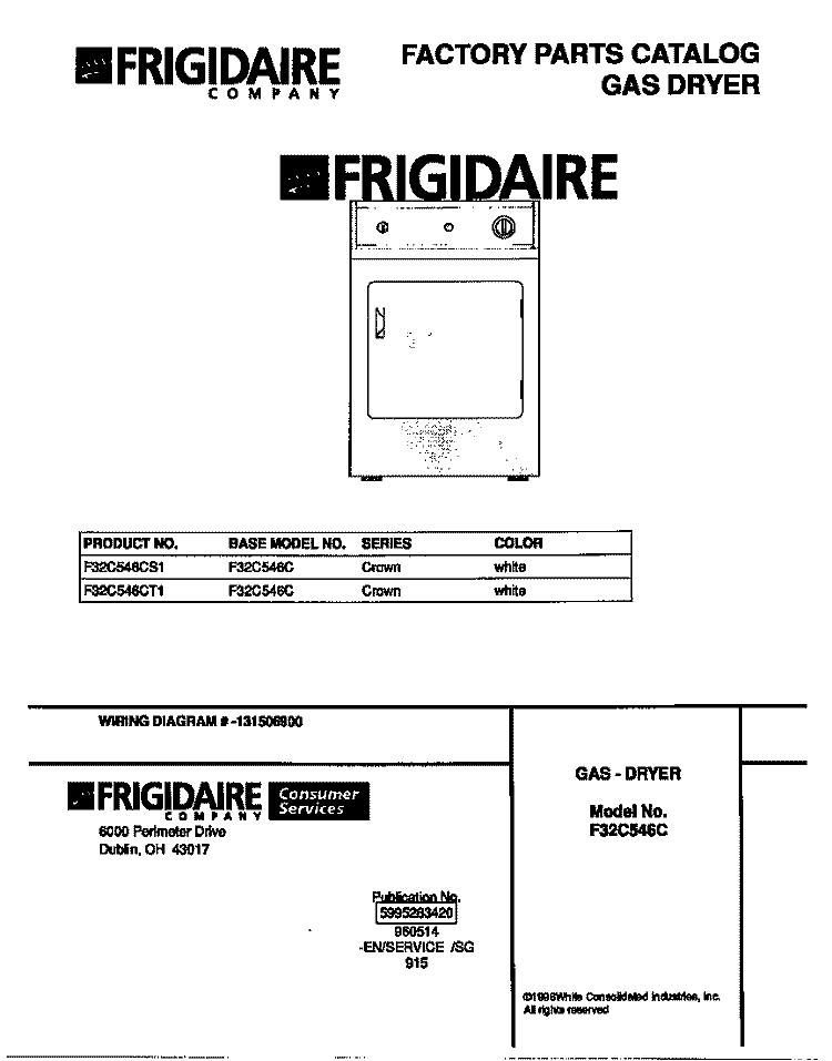 COVER Diagram and Parts List for F32C546CS1  Frigidaire Dryer