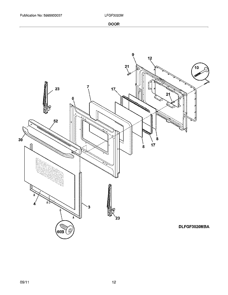 DOOR Diagram and Parts List for LFGF3020MBA  Frigidaire Range