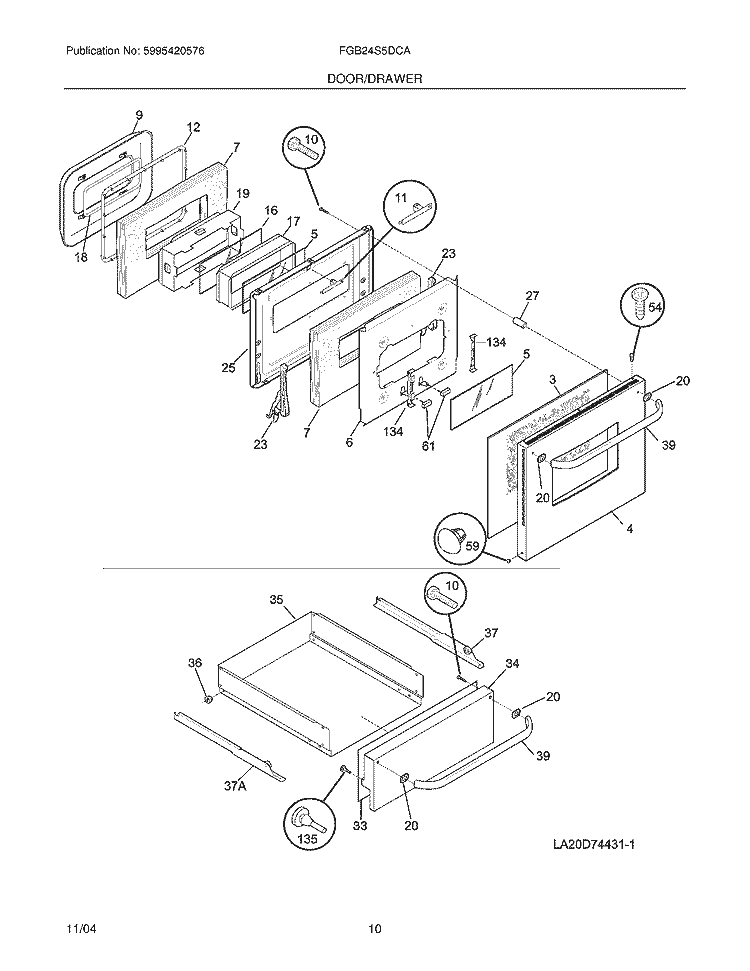 DOOR / DRAWER Diagram and Parts List for FGB24S5DCA  Frigidaire Wall Oven