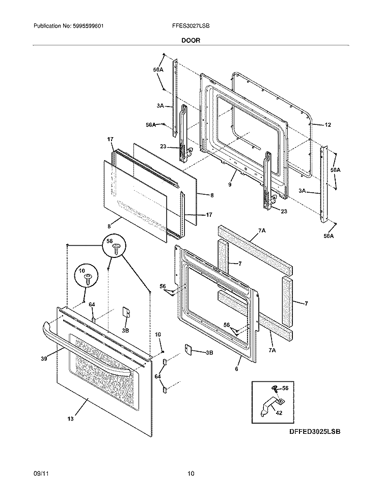 DOOR Diagram and Parts List for FFES3027LSB  Frigidaire Range