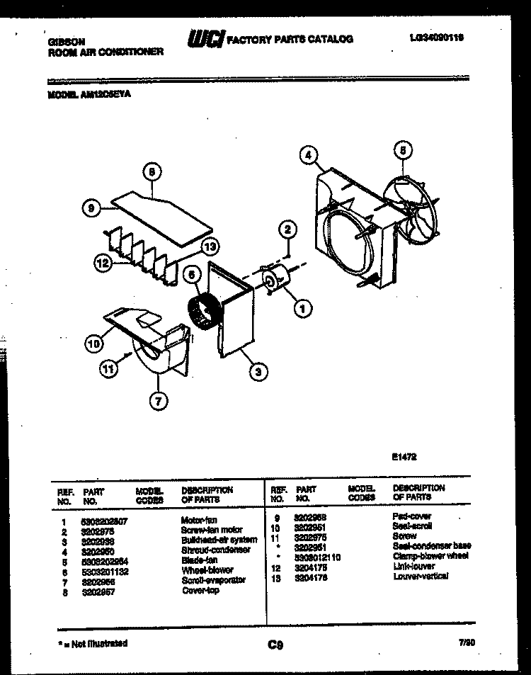 AIR HANDLING PARTS Diagram and Parts List for AM12C5EYA  Gibson Air Conditioner