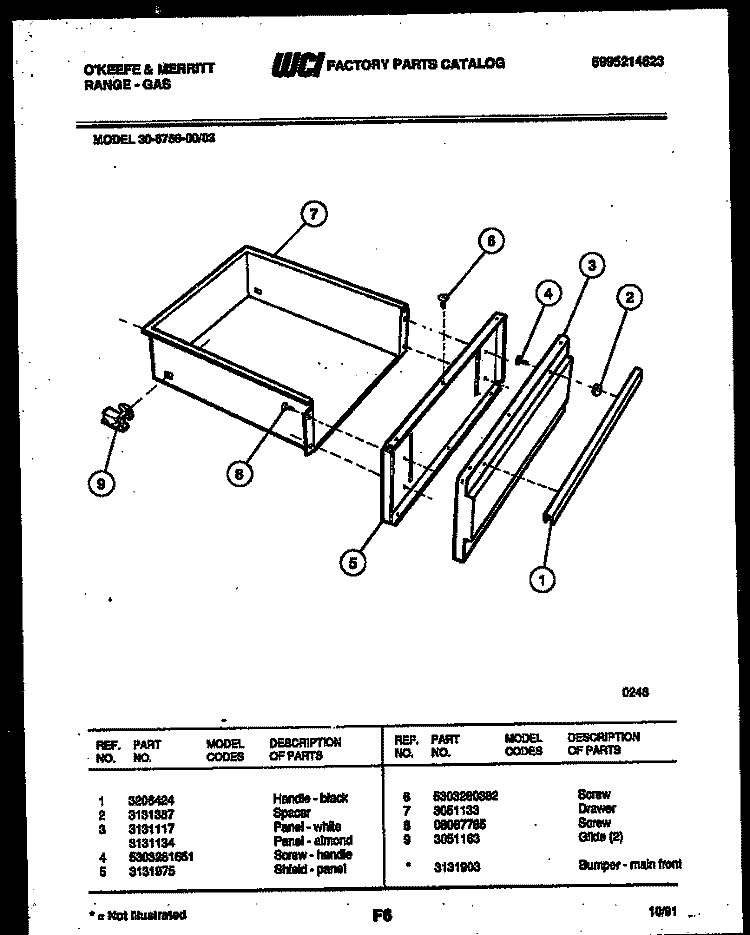 DRAWER PARTS Diagram and Parts List for 30-6759-00-03  Tappan Range