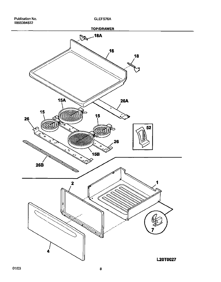 TOP / DRAWER Diagram and Parts List for GLEFS76AQJ  Frigidaire Range