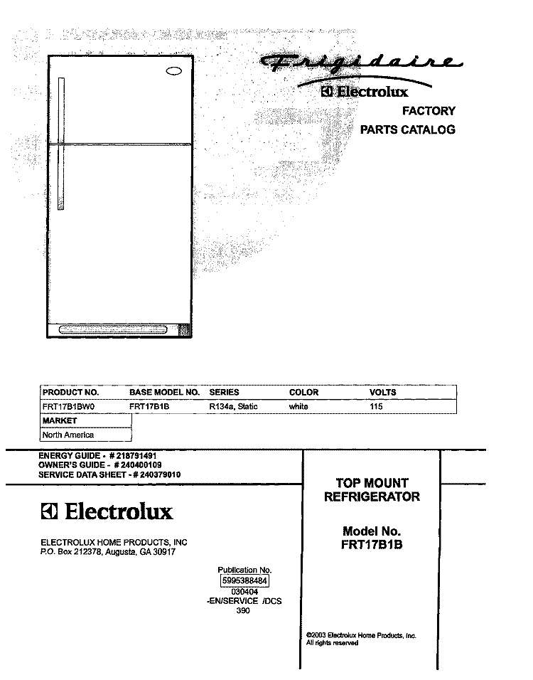 COVER Diagram and Parts List for FRT17B1BW0  Frigidaire Refrigerator