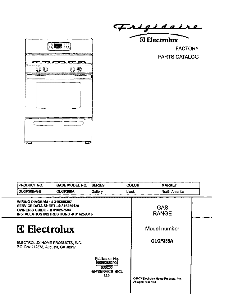 COVER Diagram and Parts List for GLGF388ABE  Frigidaire Range