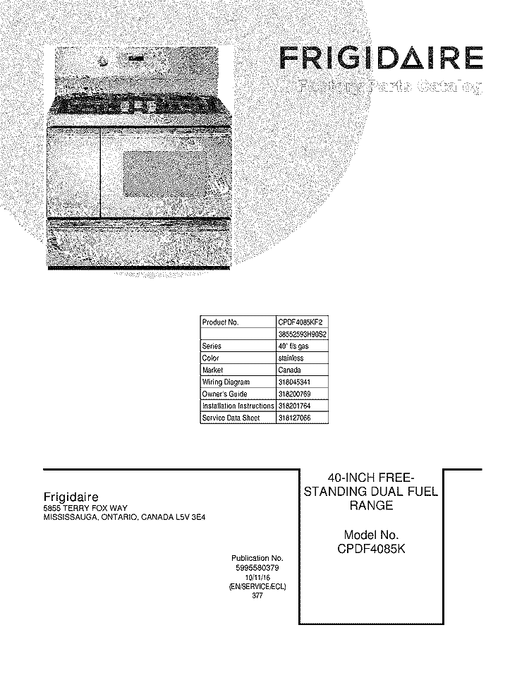 COVER Diagram and Parts List for CPDF4085KF2  Frigidaire Range