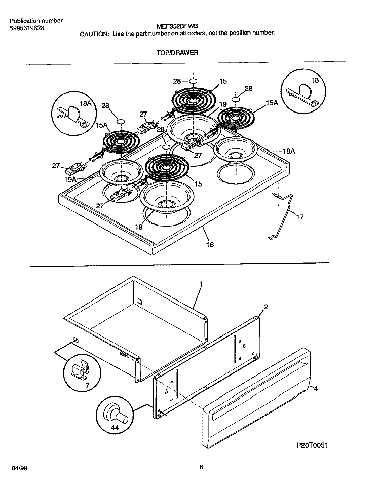 TOP / DRAWER Diagram and Parts List for MEF352BFWB  Frigidaire Range