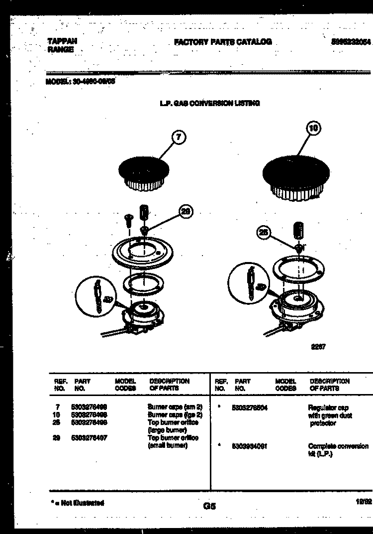 BURNER PARTS Diagram and Parts List for 30-4980-08-05  Tappan Range