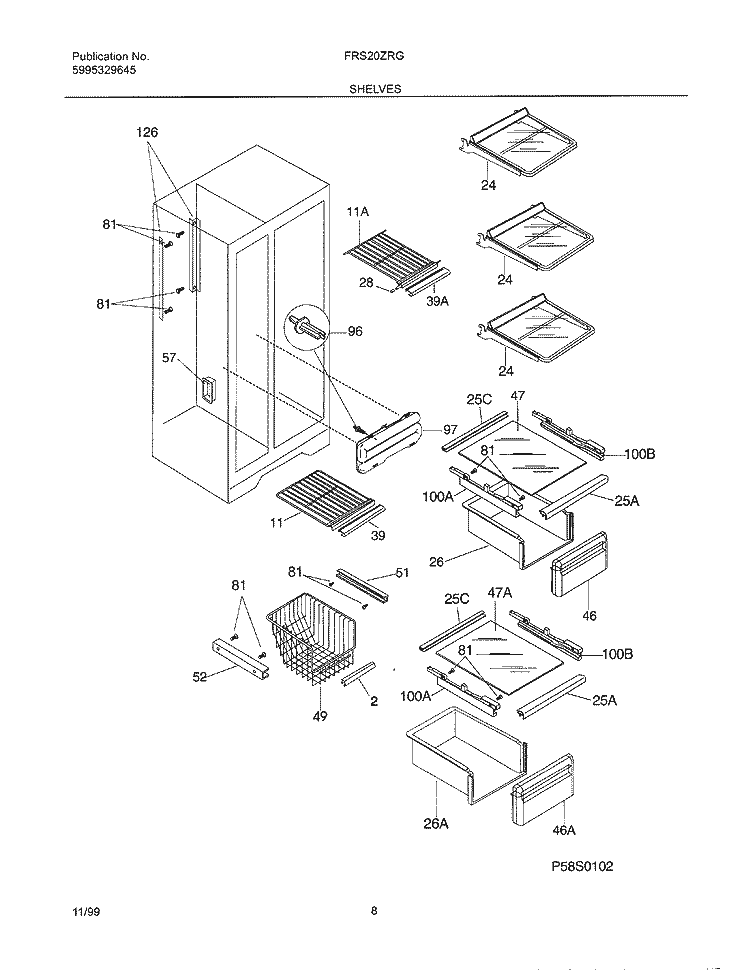 SHELVES Diagram and Parts List for FRS20ZRGB4  Frigidaire Refrigerator