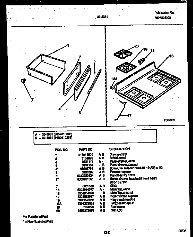 COOKTOP AND DRAWER PARTS Diagram and Parts List for 30-3981-23-03  Tappan Range