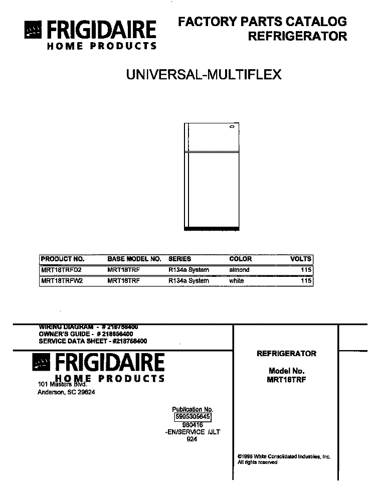 COVER Diagram and Parts List for MRT18TRFD2  Frigidaire Refrigerator