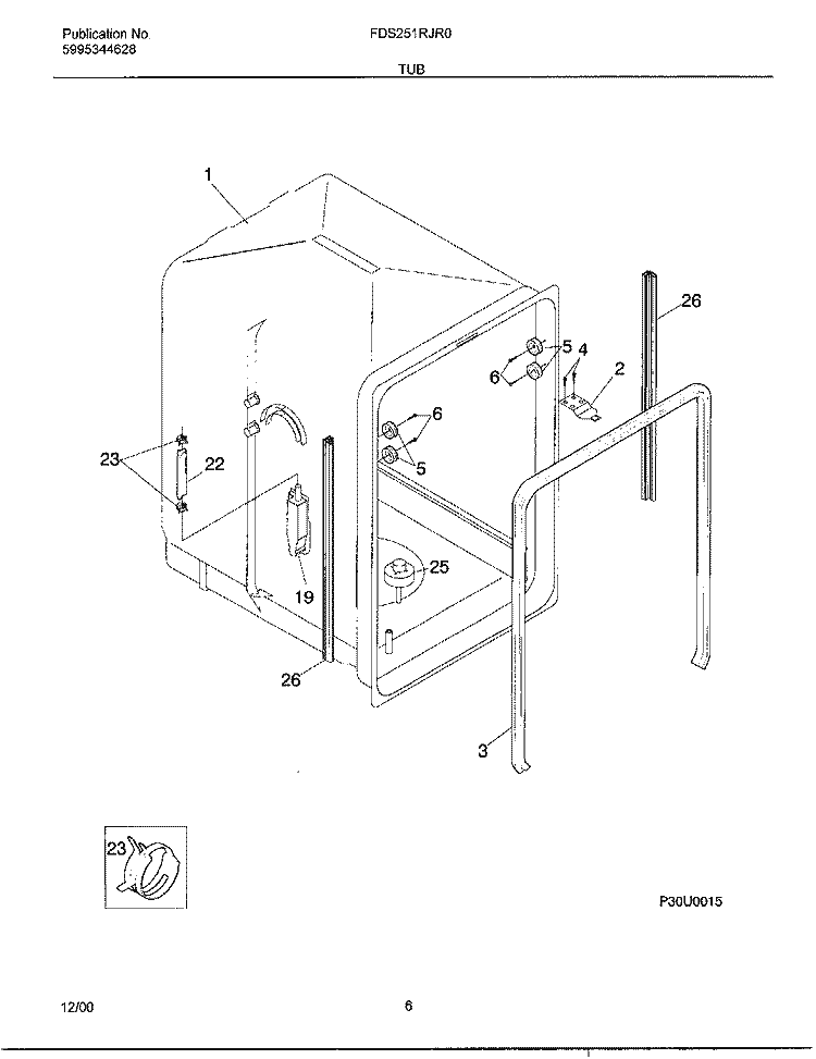 TUB Diagram and Parts List for FDS251RJR0  Frigidaire Dishwasher