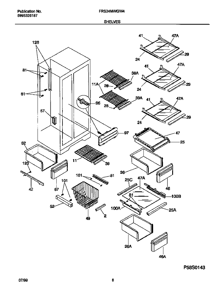 SHELVES Diagram and Parts List for FRS24MWGW4  Frigidaire Refrigerator