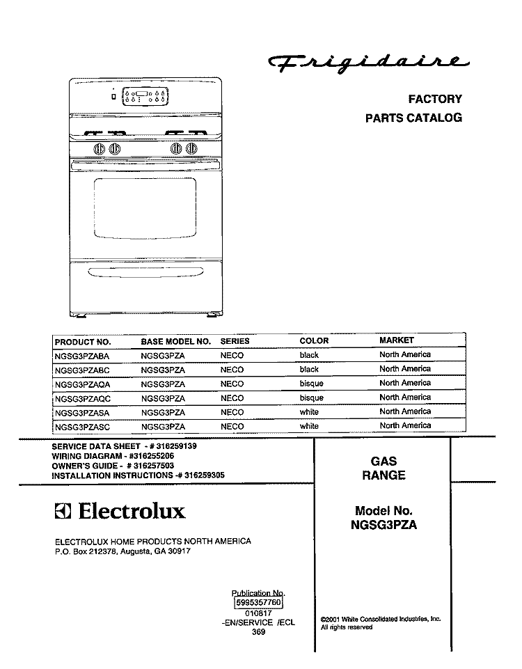COVER Diagram and Parts List for NGSG3PZAQA  Frigidaire Range