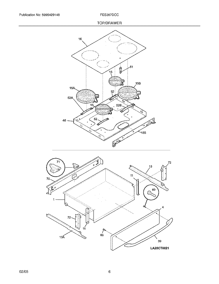 TOP / DRAWER Diagram and Parts List for FES367DCC  Frigidaire Range