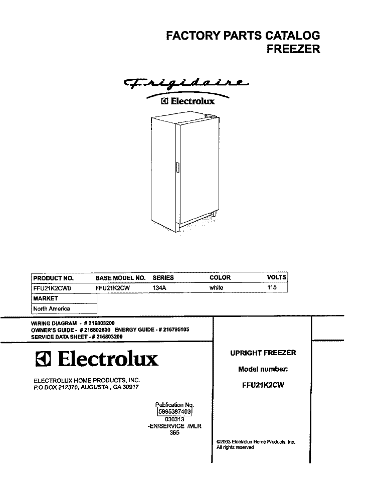 COVER Diagram and Parts List for FFU21K2CW0  Frigidaire Freezer