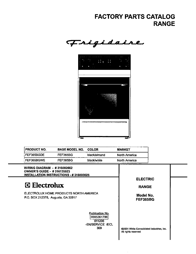 COVER Diagram and Parts List for FEF365BGWE  Frigidaire Range