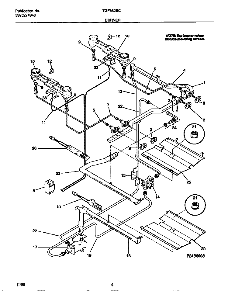 BURNER Diagram and Parts List for TGF350SCWB  Tappan Range