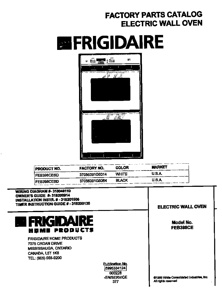 COVER Diagram and Parts List for FEB398CEBD  Frigidaire Wall Oven