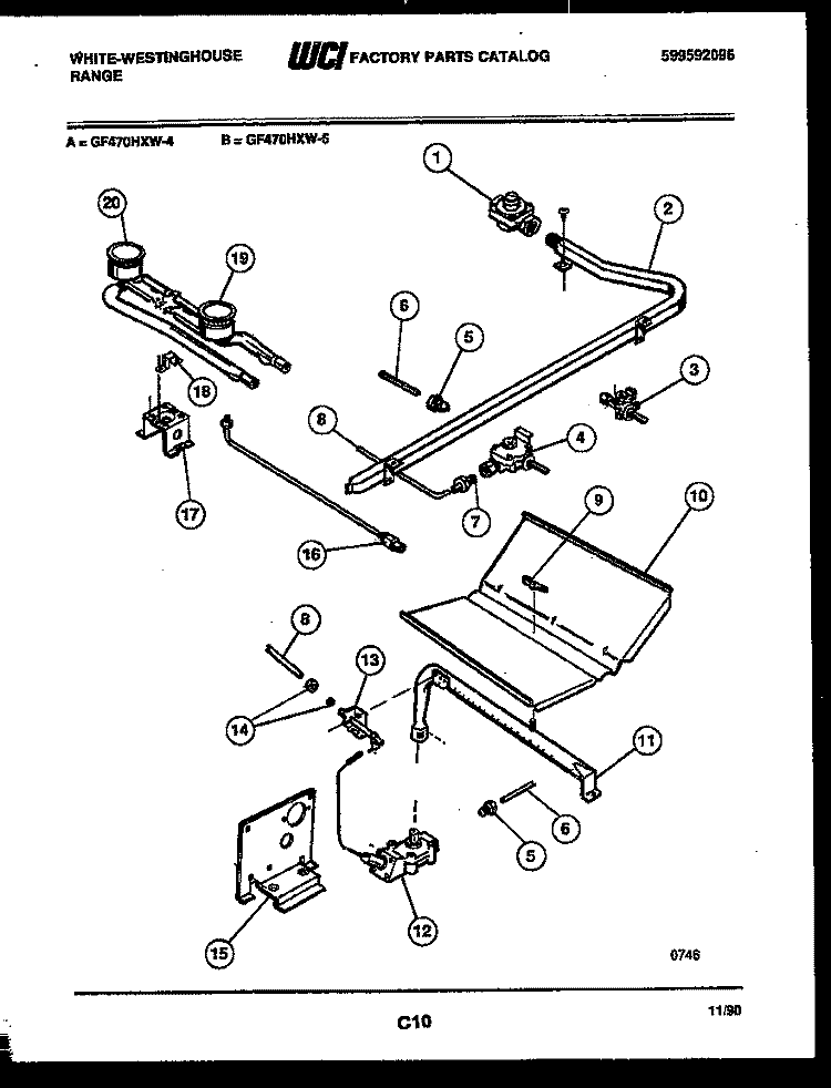 BURNER, MANIFOLD AND GAS CONTROL Diagram and Parts List for GF470HXD5  Frigidaire Range
