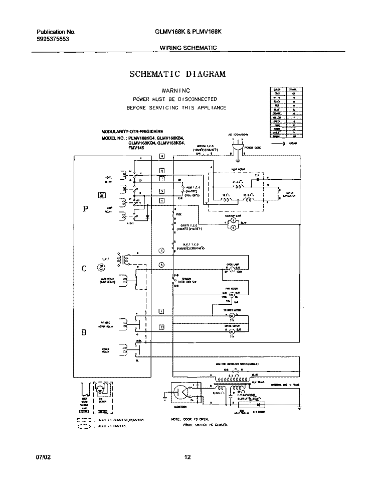 WIRING SCHEMATIC Diagram and Parts List for PLMV168KC4  Frigidaire Microwave