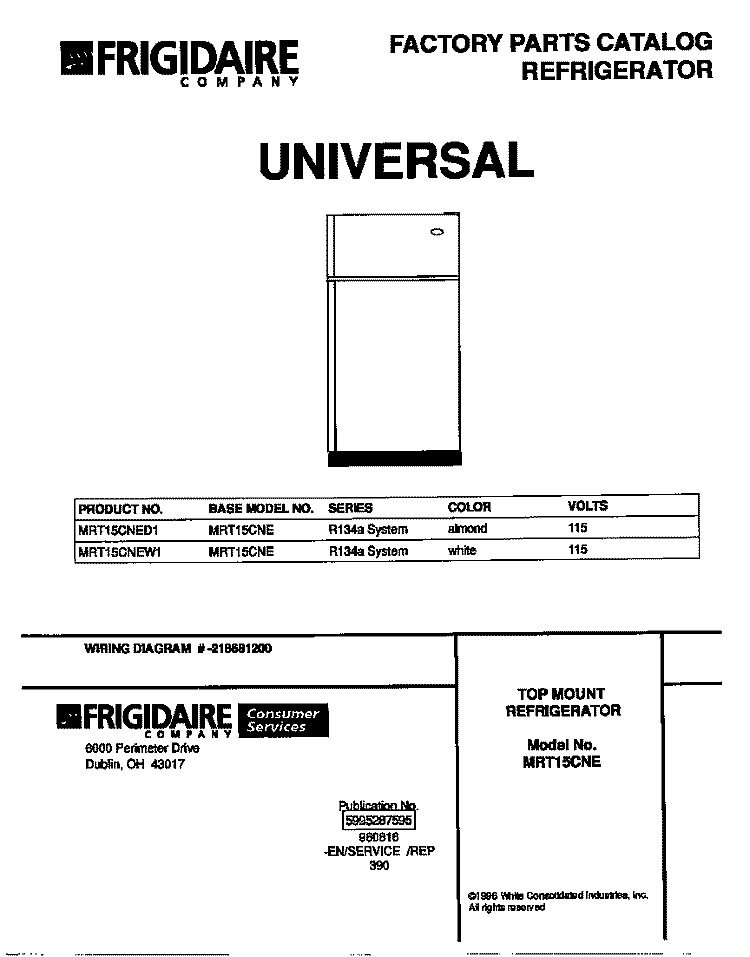 COVER Diagram and Parts List for MRT15CNED1  Frigidaire Refrigerator