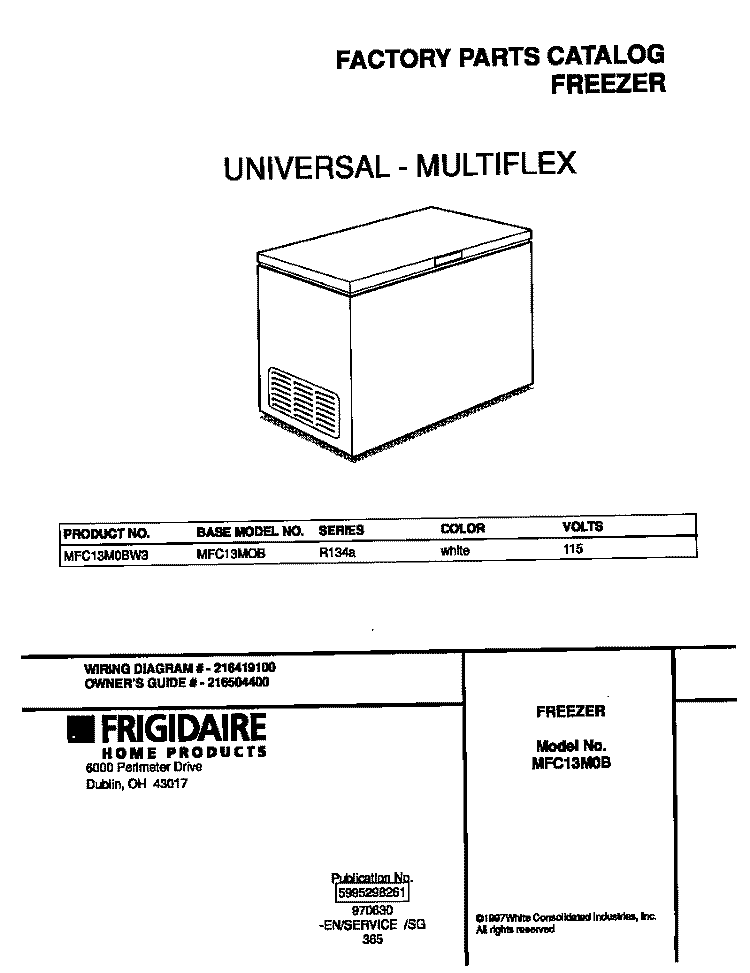 COVER Diagram and Parts List for MFC13M0BW3  Frigidaire Freezer