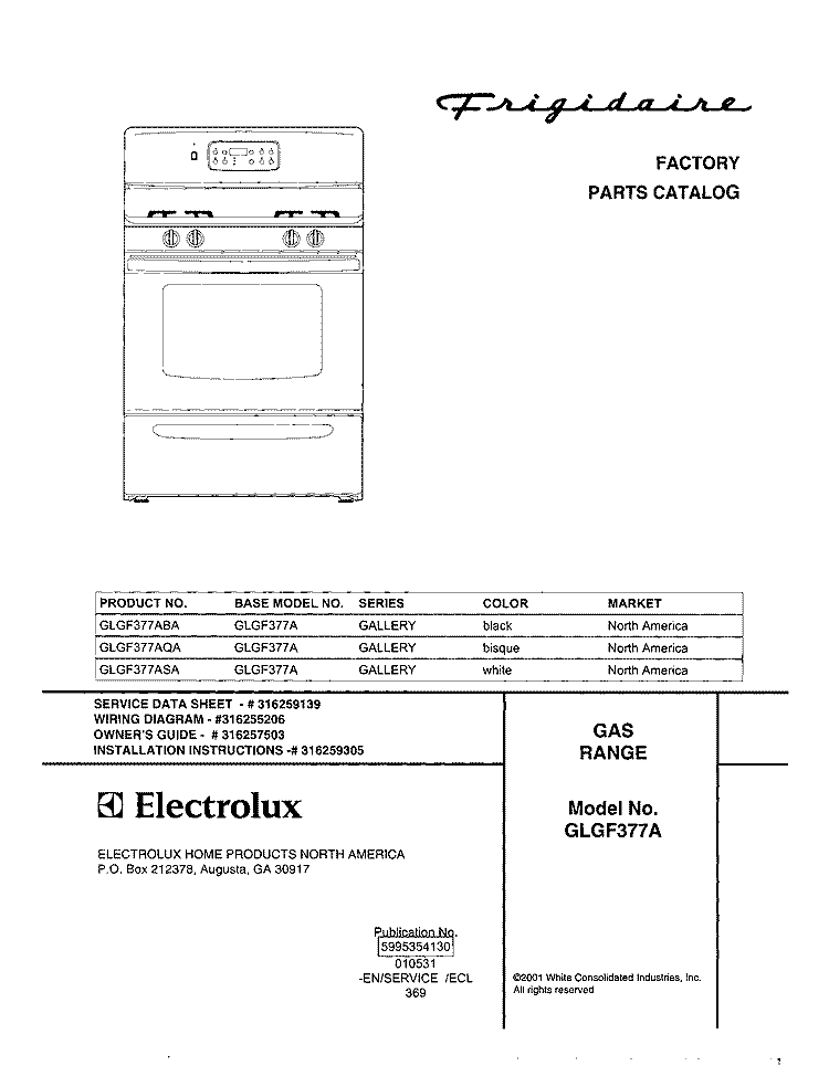 COVER Diagram and Parts List for GLGF377AQA  Frigidaire Range