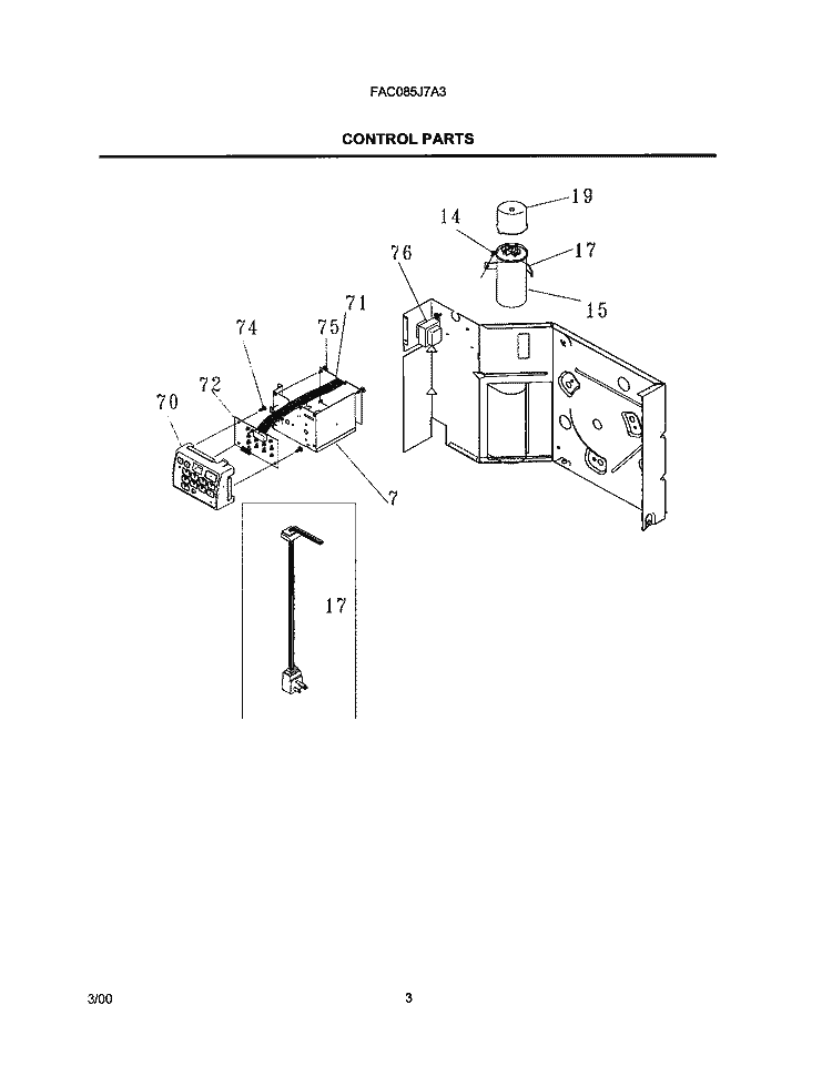 CONTROL PARTS Diagram and Parts List for FAC085J7A3  Frigidaire Air Conditioner