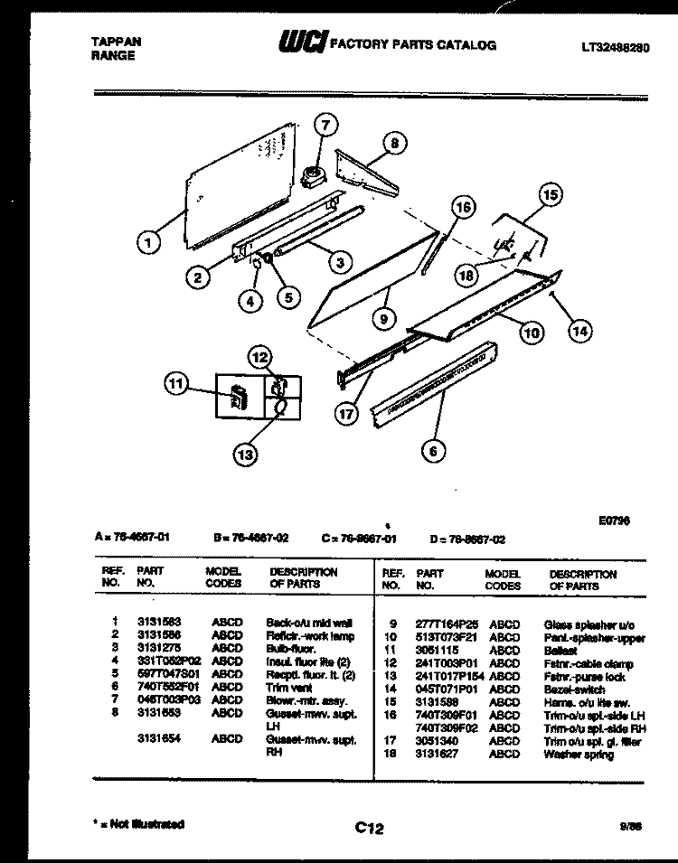 BACKGUARD PARTS Diagram and Parts List for 76-4667-00-02  Tappan Microwave Oven Combo