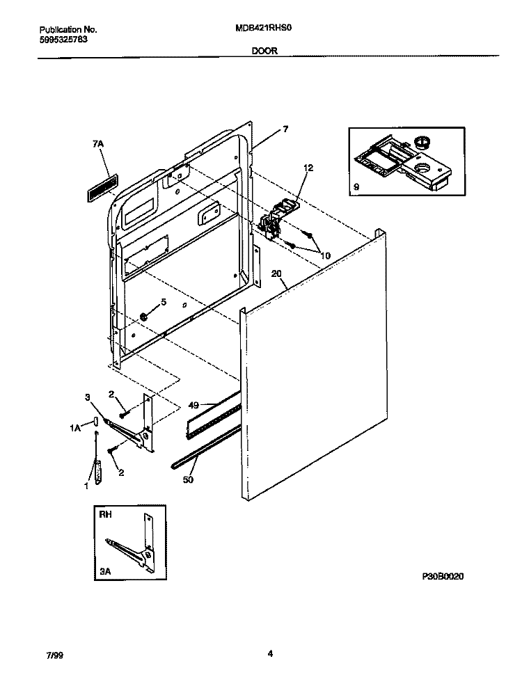 DOOR Diagram and Parts List for MDB421RHS0  Frigidaire Dishwasher