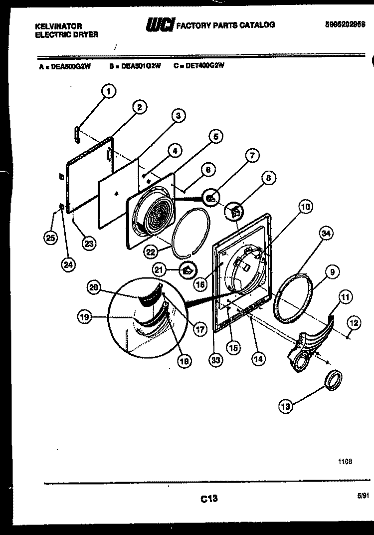 DOOR PARTS Diagram and Parts List for DET400G2W  Kelvinator Dryer