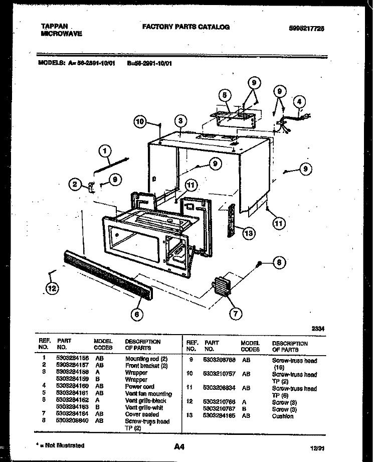 WRAPPER AND BODY PARTS Diagram and Parts List for 56-2991-10-01  Tappan Microwave