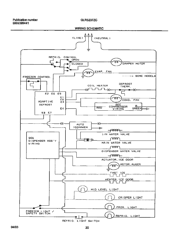 WIRING SCHEMATIC Diagram and Parts List for GLRS237ZCB0  Frigidaire Refrigerator